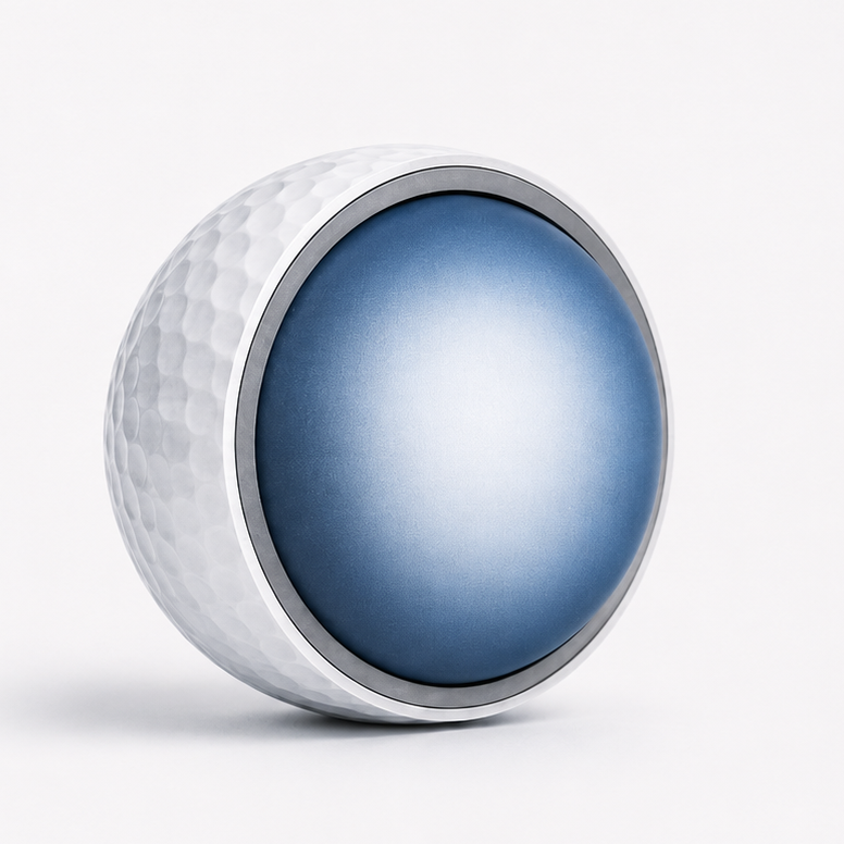 Two golf balls with blue centers on a white background. 3 piece golf ball.
