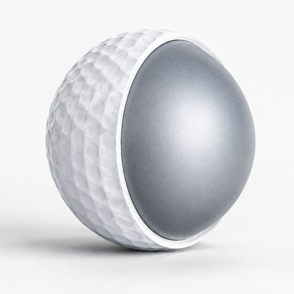 White textured golf ball on a light gray background. 2 piece construction.